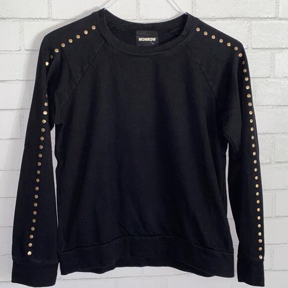 MONROW $134 Stud Sleeve Super Soft Black Sweatshirt MED EUC - Picture 2 of 9